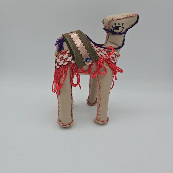 Handmade Fabric Camel Figurine With Colorful Embellished Saddle & Fringe - Picture 3 of 12